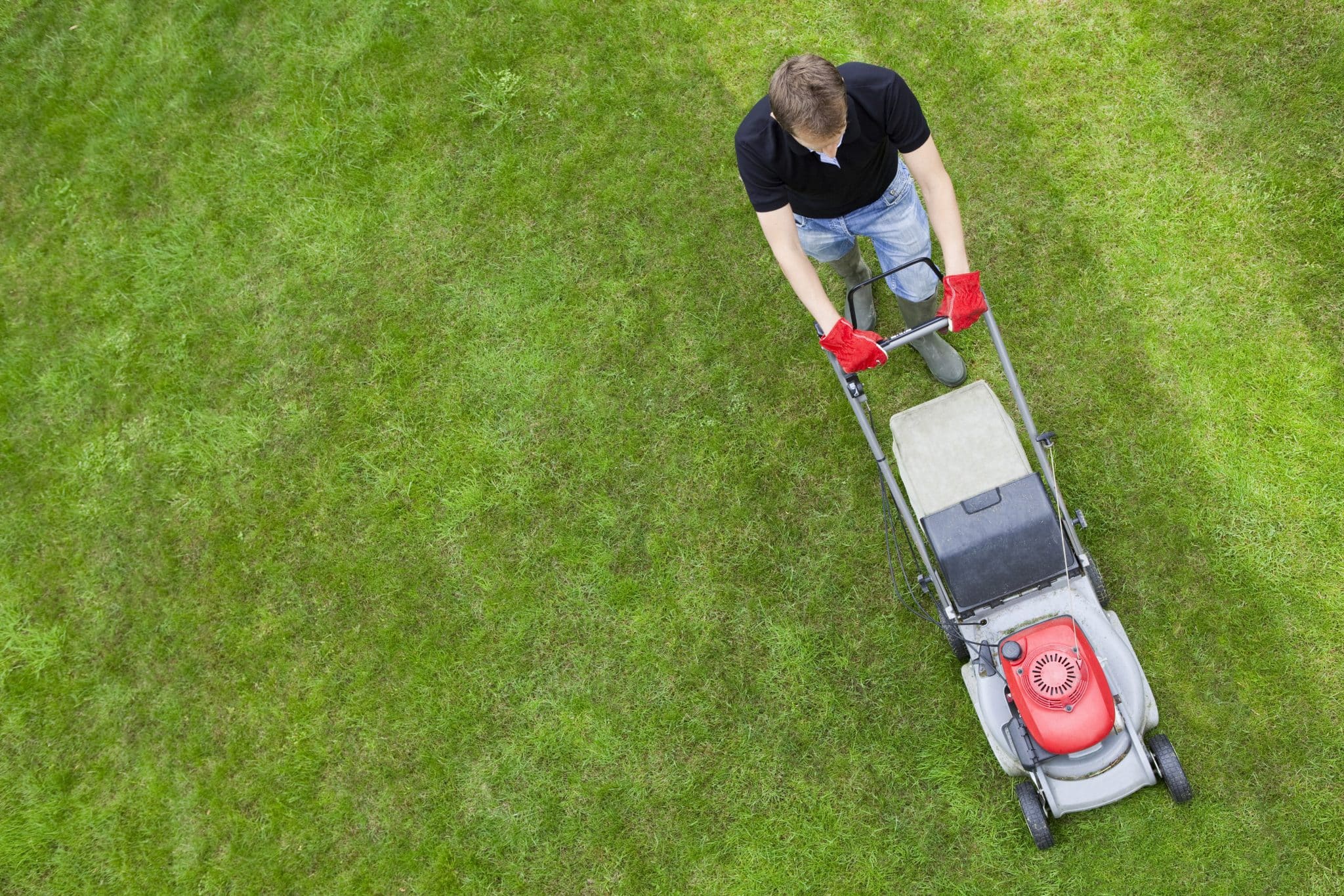 overhead shot of a man mowing his lawn